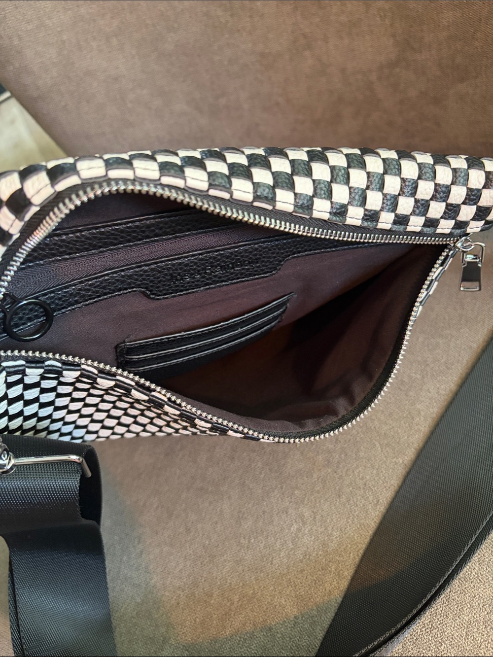 Checkered Black and White Crossbody Bag with Adjustable Strap - Picture 3 of 4